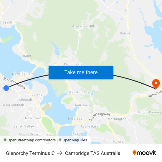 Glenorchy Terminus C to Cambridge TAS Australia map