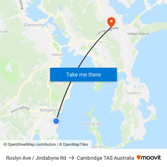 Roslyn Ave / Jindabyne Rd to Cambridge TAS Australia map