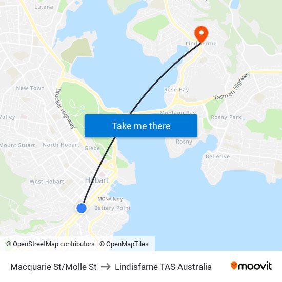Macquarie St/Molle St to Lindisfarne TAS Australia map