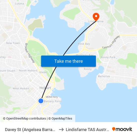 Davey St (Angelsea Barracks) to Lindisfarne TAS Australia map