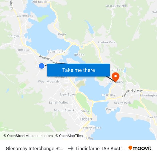 Glenorchy Interchange Stop D to Lindisfarne TAS Australia map