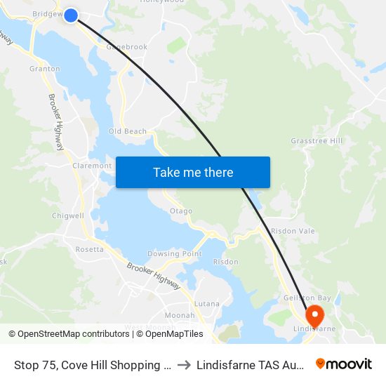 Stop 75, Cove Hill Shopping Centre to Lindisfarne TAS Australia map