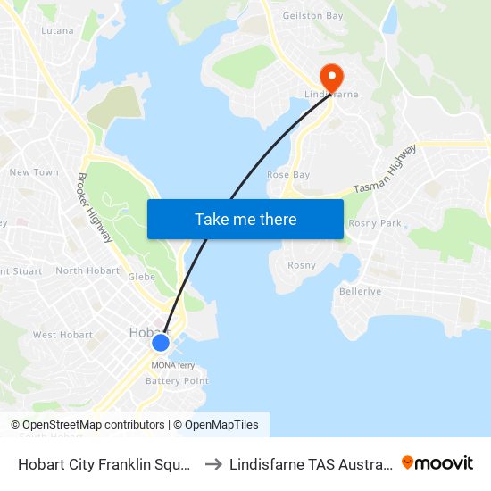 Hobart City Franklin Square to Lindisfarne TAS Australia map