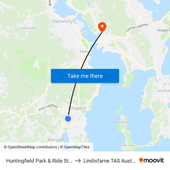 Huntingfield Park & Ride Stop B to Lindisfarne TAS Australia map