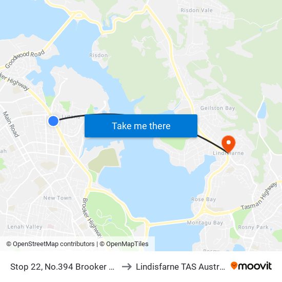 Stop 22, No.394 Brooker Hwy to Lindisfarne TAS Australia map