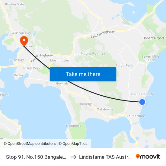 Stop 91, No.150 Bangalee St to Lindisfarne TAS Australia map