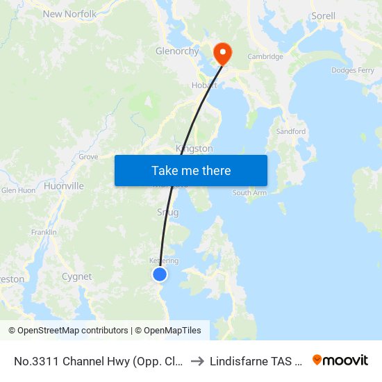 No.3311 Channel Hwy (Opp. Clear Creek Rd) to Lindisfarne TAS Australia map