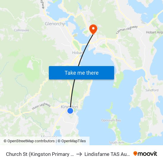 Church St (Kingston Primary School) to Lindisfarne TAS Australia map