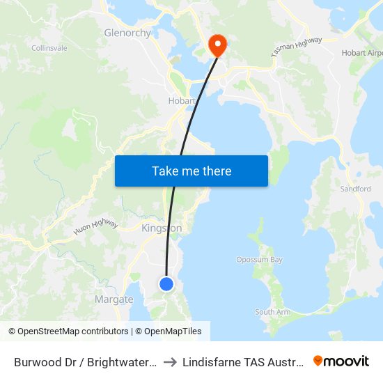 Burwood Dr / Brightwater Rd to Lindisfarne TAS Australia map