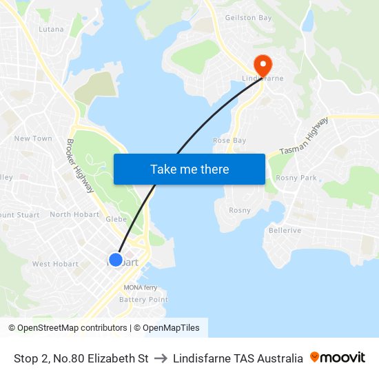 Stop 2, No.80 Elizabeth St to Lindisfarne TAS Australia map