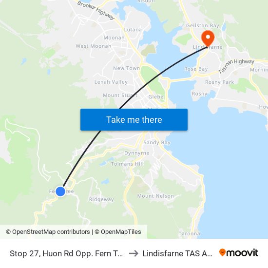 Stop 27, Huon Rd Opp. Fern Tree Tavern to Lindisfarne TAS Australia map