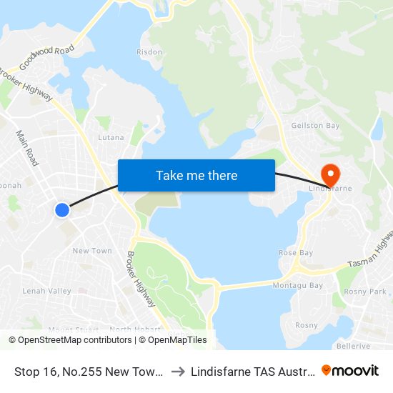 Stop 16, No.255 New Town Rd to Lindisfarne TAS Australia map