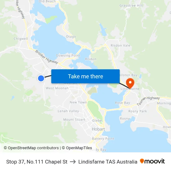 Stop 37, No.111 Chapel St to Lindisfarne TAS Australia map