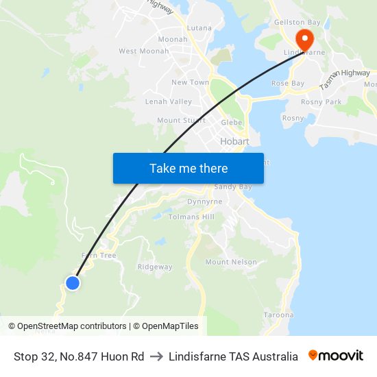 Stop 32, No.847 Huon Rd to Lindisfarne TAS Australia map