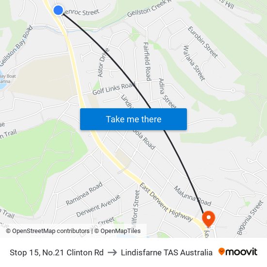 Stop 15, No.21 Clinton Rd to Lindisfarne TAS Australia map