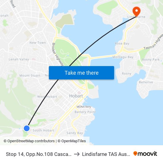 Stop 14, Opp.No.108 Cascade Rd to Lindisfarne TAS Australia map