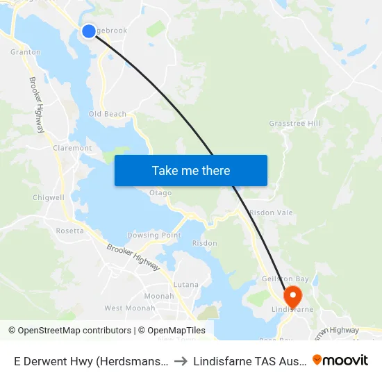 E Derwent Hwy (Herdsmans Cove) to Lindisfarne TAS Australia map