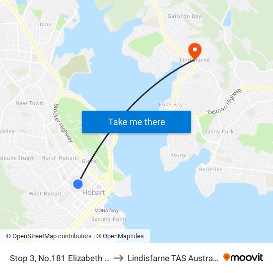 Stop 3, No.181 Elizabeth St to Lindisfarne TAS Australia map