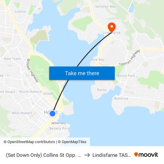 (Set Down Only) Collins St Opp. Elizabeth St Mall to Lindisfarne TAS Australia map