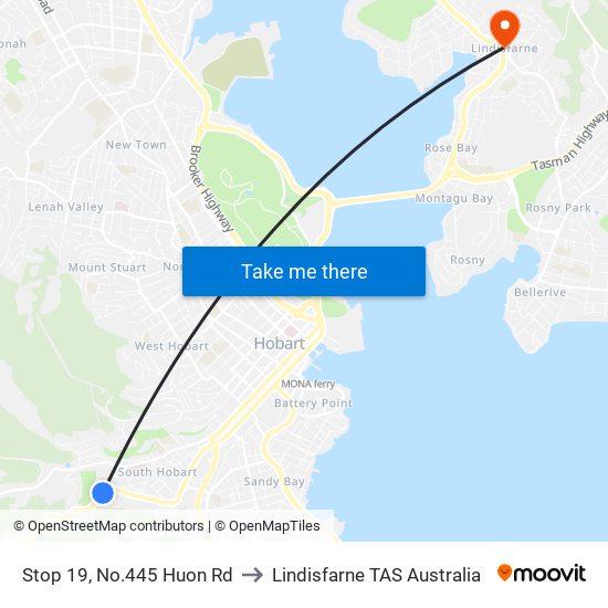 Stop 19, No.445 Huon Rd to Lindisfarne TAS Australia map