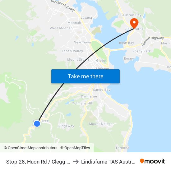 Stop 28, Huon Rd / Clegg Rd to Lindisfarne TAS Australia map