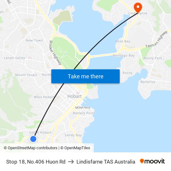 Stop 18, No.406 Huon Rd to Lindisfarne TAS Australia map