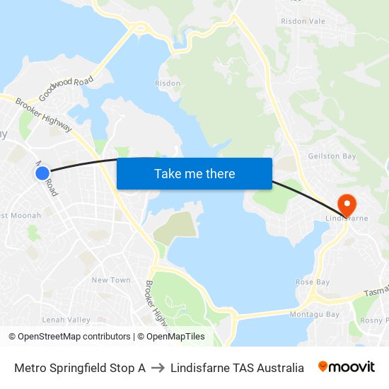 Metro Springfield Stop A to Lindisfarne TAS Australia map