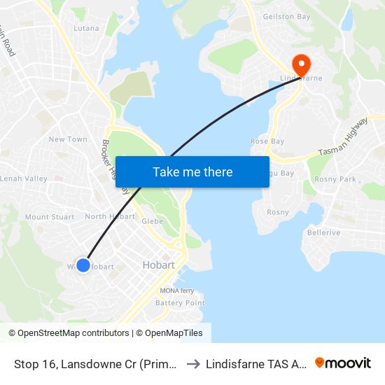 Stop 16, Lansdowne Cr (Primary School) to Lindisfarne TAS Australia map