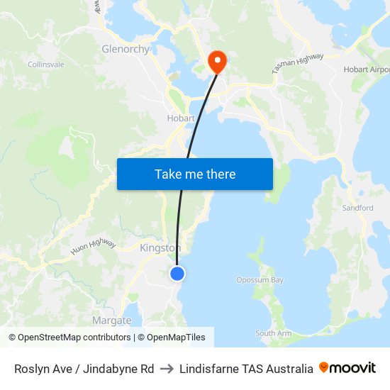 Roslyn Ave / Jindabyne Rd to Lindisfarne TAS Australia map