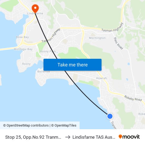 Stop 25, Opp.No.92 Tranmere Rd to Lindisfarne TAS Australia map