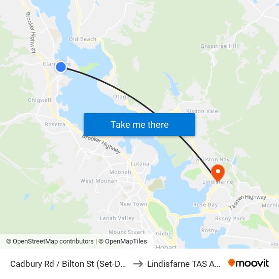 Cadbury Rd / Bilton St (Set-Down Only) to Lindisfarne TAS Australia map