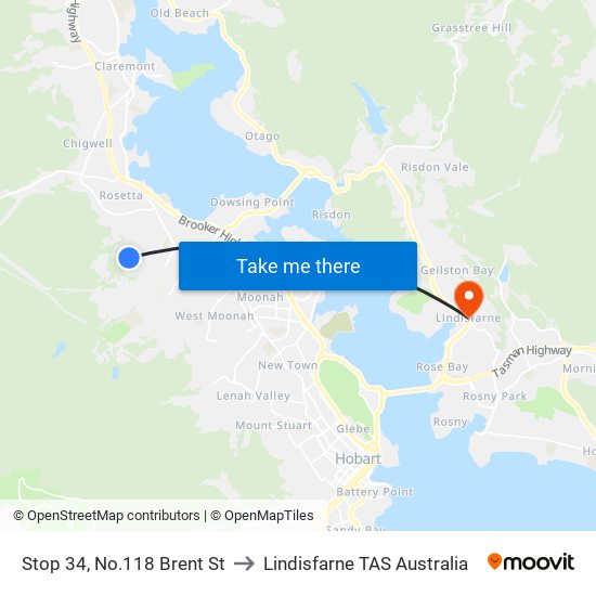 Stop 34, No.118 Brent St to Lindisfarne TAS Australia map