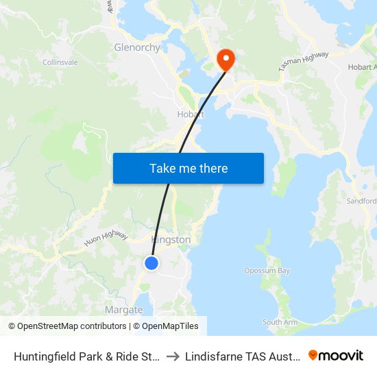 Huntingfield Park & Ride Stop A to Lindisfarne TAS Australia map