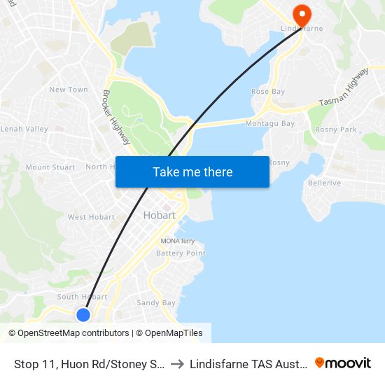 Stop 11, Huon Rd/Stoney Steps to Lindisfarne TAS Australia map