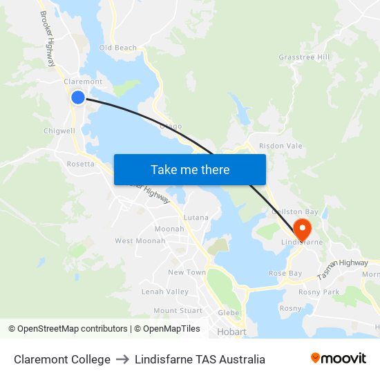 Claremont College to Lindisfarne TAS Australia map