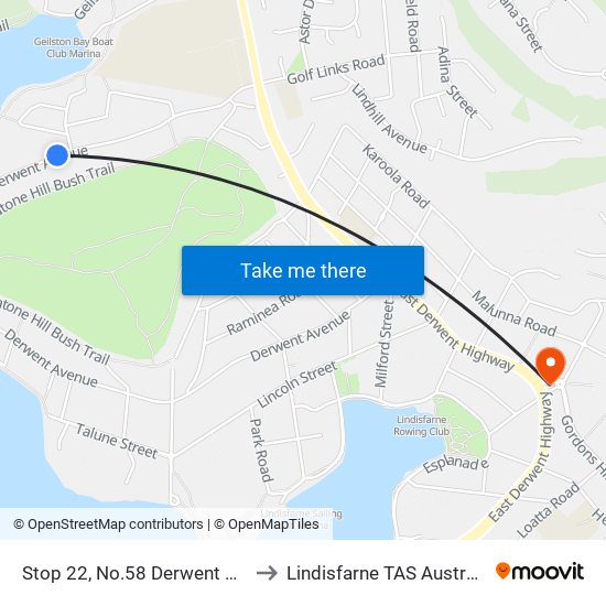 Stop 22, No.58 Derwent Ave to Lindisfarne TAS Australia map