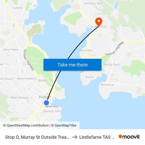 Stop Q, Murray St Outside Treasury Building to Lindisfarne TAS Australia map