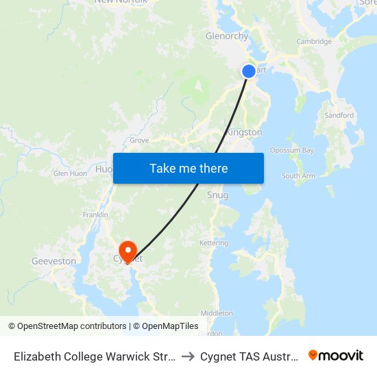 Elizabeth College Warwick Street to Cygnet TAS Australia map