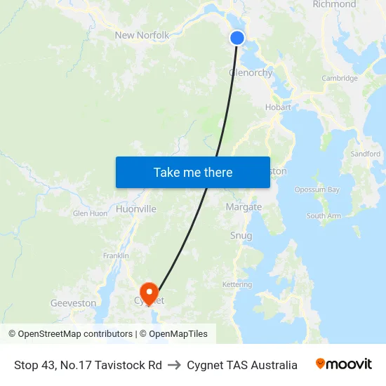 Stop 43, No.17 Tavistock Rd to Cygnet TAS Australia map