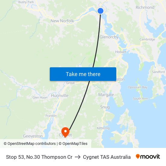 Stop 53, No.30 Thompson Cr to Cygnet TAS Australia map