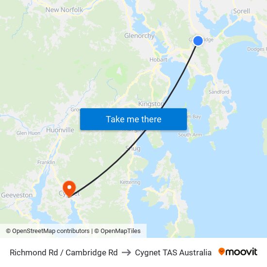 Richmond Rd / Cambridge Rd to Cygnet TAS Australia map