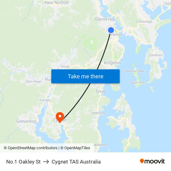 No.1 Oakley St to Cygnet TAS Australia map