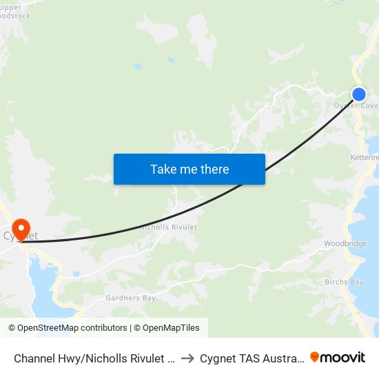 Channel Hwy/Nicholls Rivulet Rd to Cygnet TAS Australia map