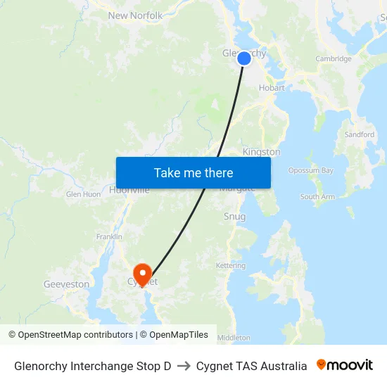 Glenorchy Interchange Stop D to Cygnet TAS Australia map
