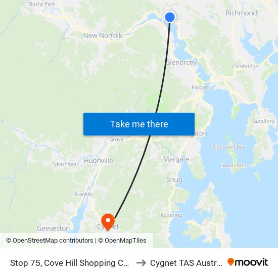 Stop 75, Cove Hill Shopping Centre to Cygnet TAS Australia map