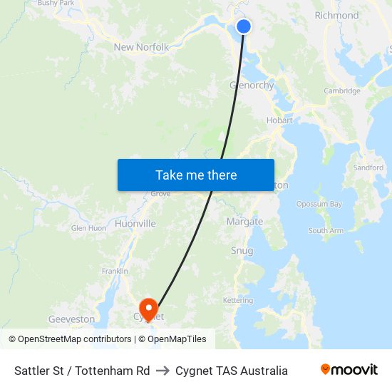 Sattler St  / Tottenham Rd to Cygnet TAS Australia map