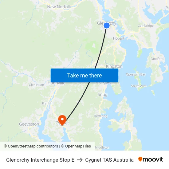 Glenorchy Interchange Stop E to Cygnet TAS Australia map