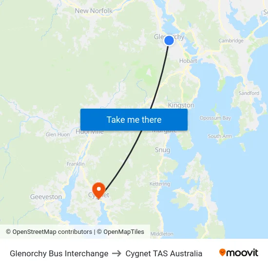 Glenorchy Bus Interchange to Cygnet TAS Australia map