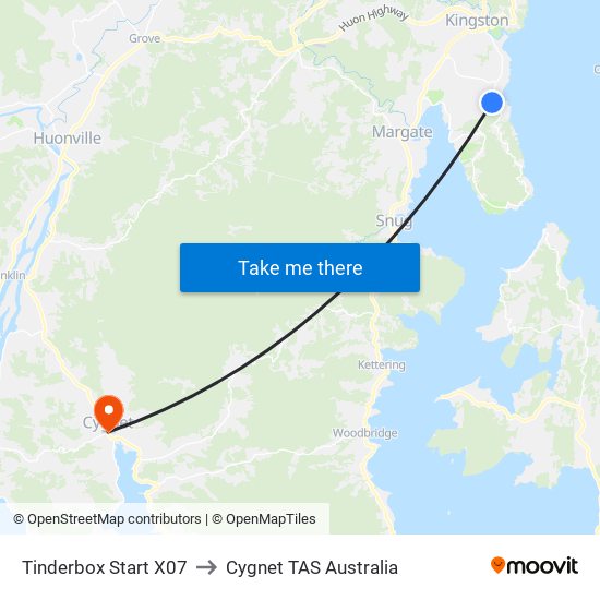 Tinderbox Start X07 to Cygnet TAS Australia map