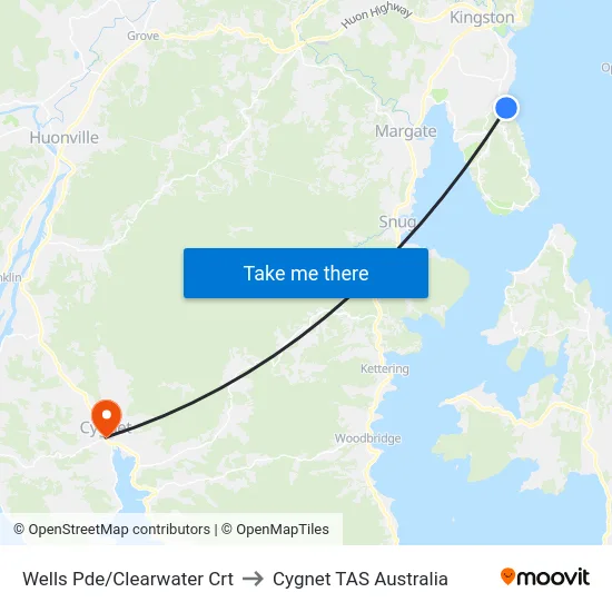 Wells Pde/Clearwater Crt to Cygnet TAS Australia map